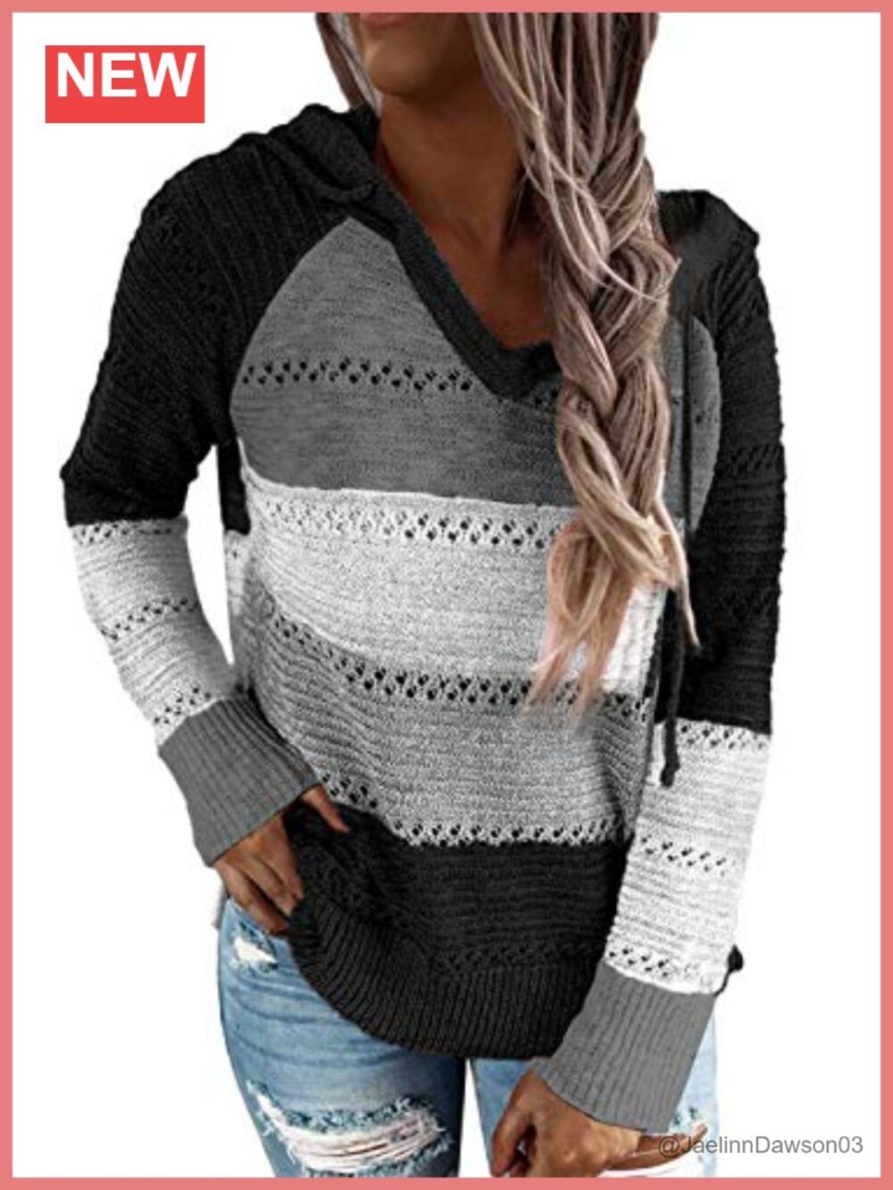Womens Striped Color Block V Neck Knit Hoodie Sweater Loose Fit Casual
